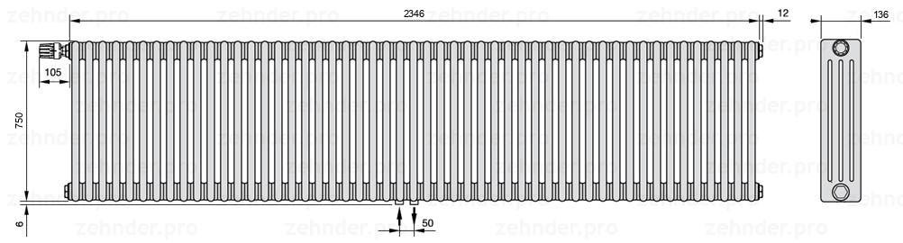 Схема (чертеж) Радиатор Zehnder Charleston 4075/51 №V007 Белый глянцевый RAL 9016